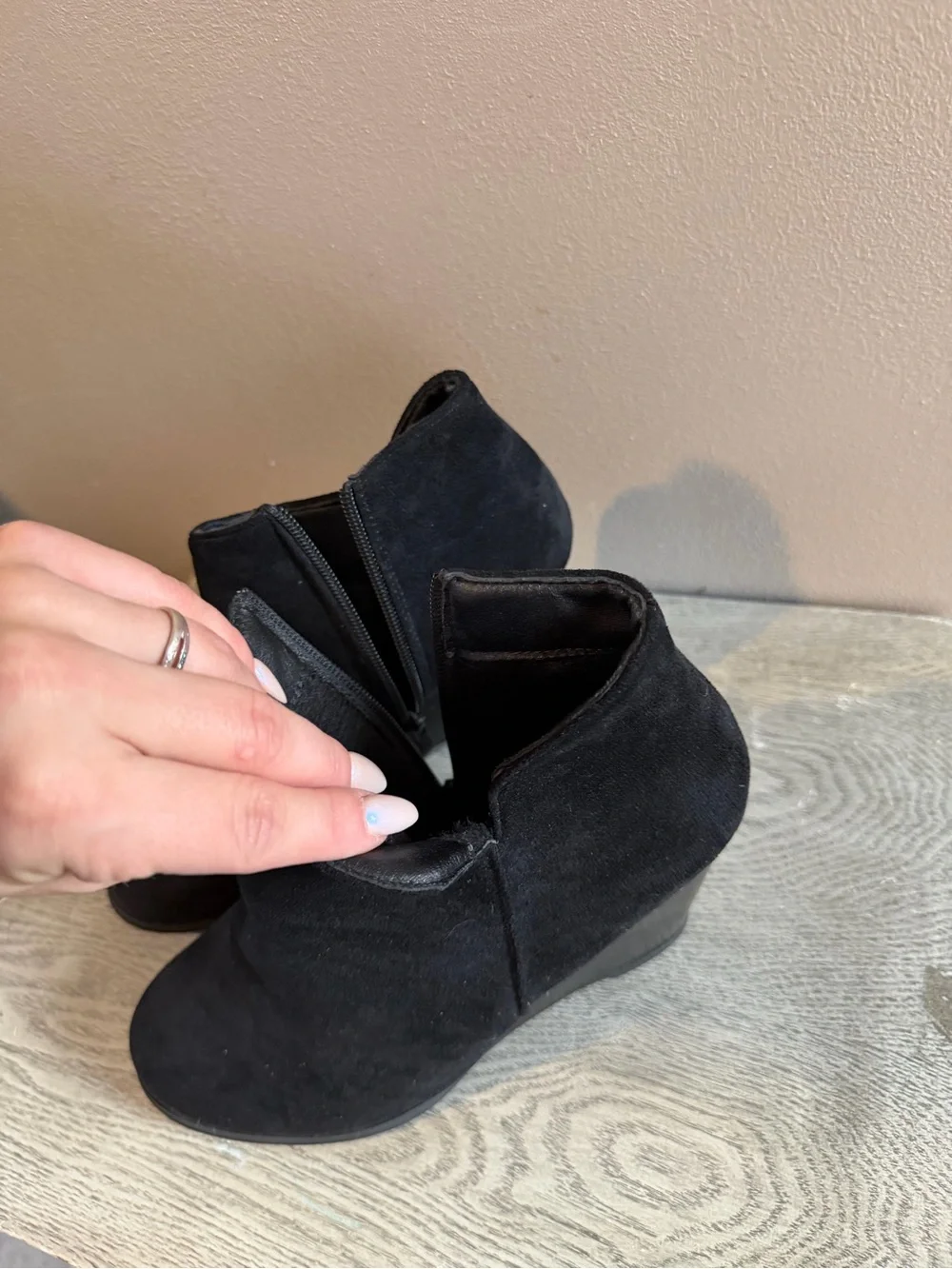 Black Suede Wedge Ankle Bootie - Women's